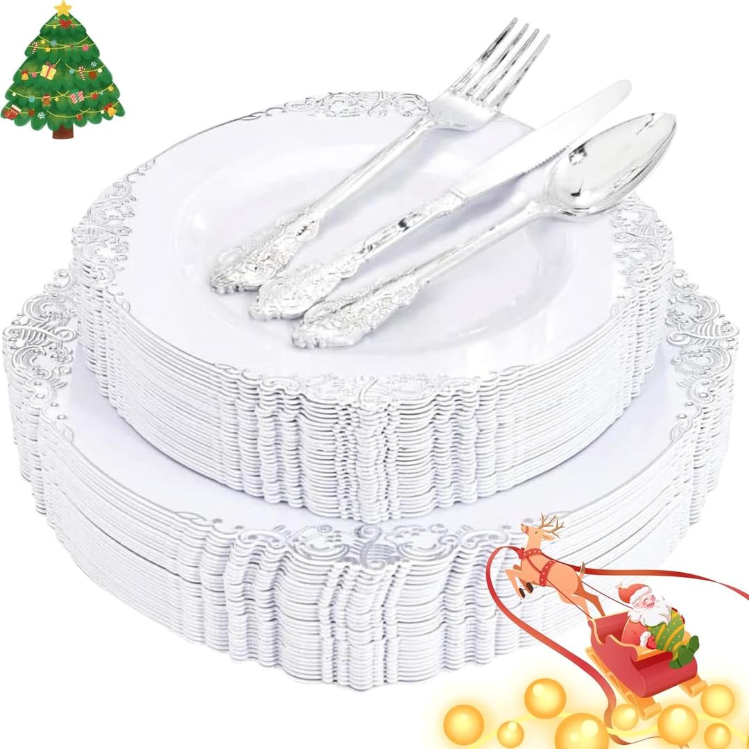 Liacere 150PCS Silver Plastic Plates with Silver Cutlery - Disposable Plastic Plates Include 30Dinner Plate, 30Dessert Plate, 30Knives, 30Spoons, 30Forks - Ideal for Wedding&Christmas (Round)