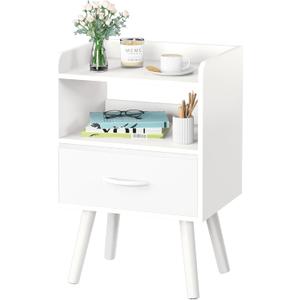 Yoobure Modern Nightstand with Drawer, Bedside Tables, Mid Century Nightstands with Open Storage Shelf, Wood Bedside Table, Small Night Stands for Bedrooms, 2-Tier Night Table (White)