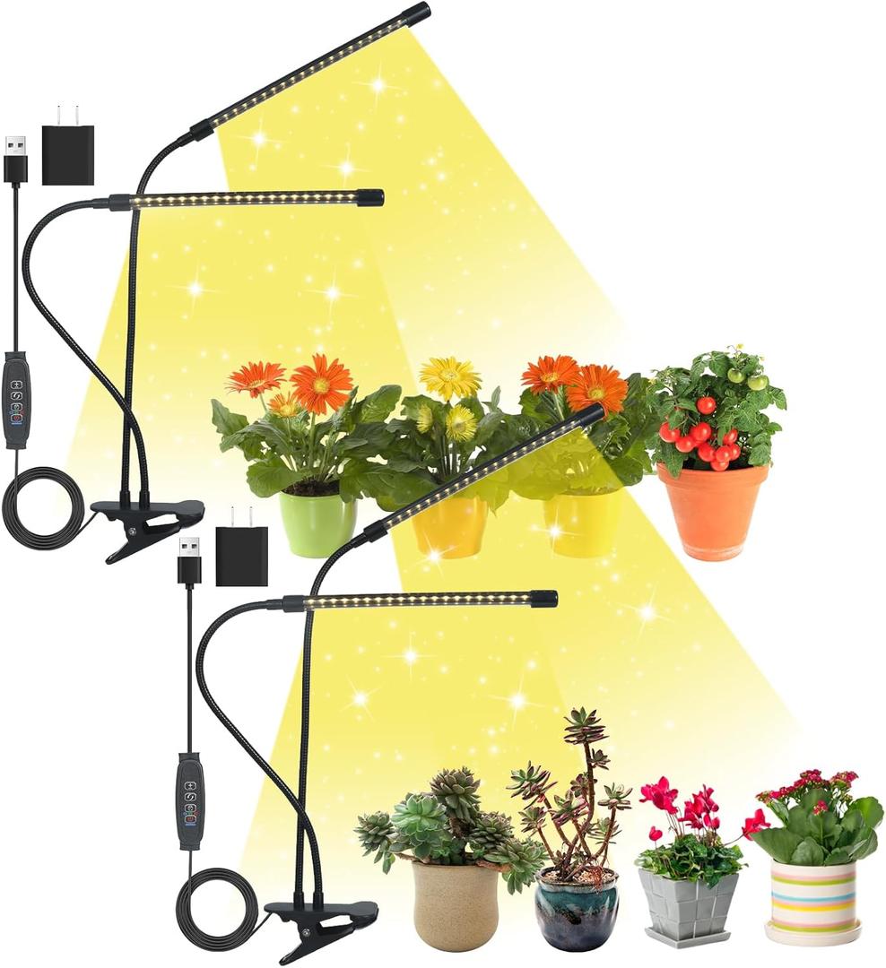 Grow Lights for Indoor Plants,Plant Lights 80 LED Lamps with Full Spectrum,10 Dimmable Level, 3/9/12H Timer,3 Switch Modes, Adjustable Gooseneck (2 Tubes 2 Pack)