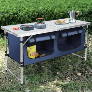 JOUYEK Camping Table, Folding Camping Table with Storage, Portable, Lightweight, 3 Height Adjustable Aluminum Outdoor Table for BBQ, Picnic, Camping, Hiking, Beach, and Indoor, Blue, 47.2 Inches X 27.6 Inches X 18.9 Inches
