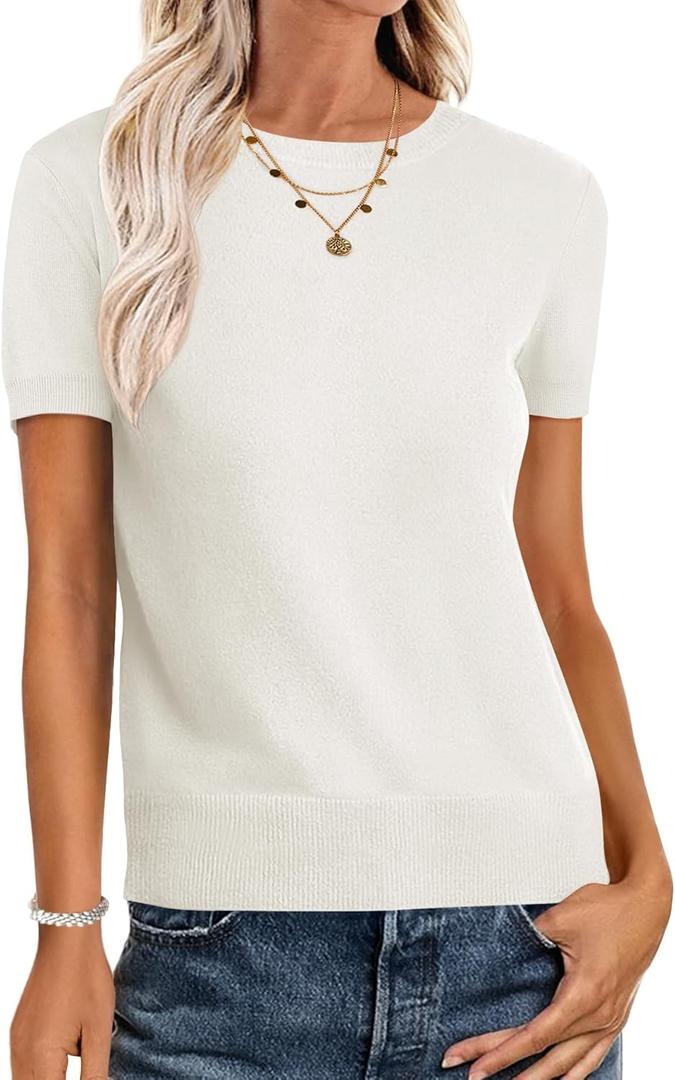ANRABESS Womens Short Sleeve Sweaters Wool Blend Crew Neck Sweater Shirts Business Casual Work Tops 2025 Summer Outfits (Large, Cream White)