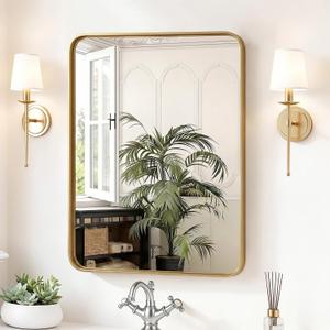 Sweetcrispy Bathroom Wall Mirror, 30x22 Inch Wall Mount Mirror for Over Sink, Modern Rounded Rectangle Vanity Mirrors with Matte Metal Framed, for Home Decor, Living Room, Bedroom, Gold