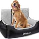 BurgeonNest Dog Car Seat for Medium/Large Dogs Under 55 lbs, Soft Pet Car Travel Home Bed, Fully Detachable and Washable Booster Carseats with Storage Pockets and Clip-On Leash Portable Carrier, Black, Large