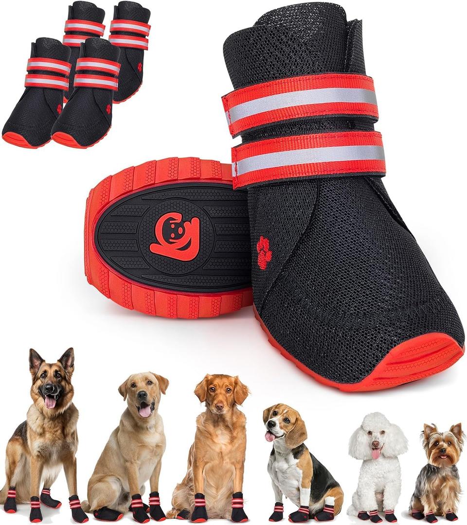 Breathable Anti-Slip Dog Shoes for Small, Medium & Large Dogs - x4 Dog Boots for Summer Hot Pavement, Hiking, Rain, Heat & General Paw Protection