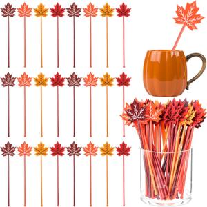 Bokon 50 Pcs Coffee Stirrers Maple Leaf Swizzle Sticks Plastic Cocktail Swizzle Stick 7.5 Inch Reusable Coffee Stirrer Stir Sticks for Thanksgiving Tea Party Bar Christmas Wedding Decoration