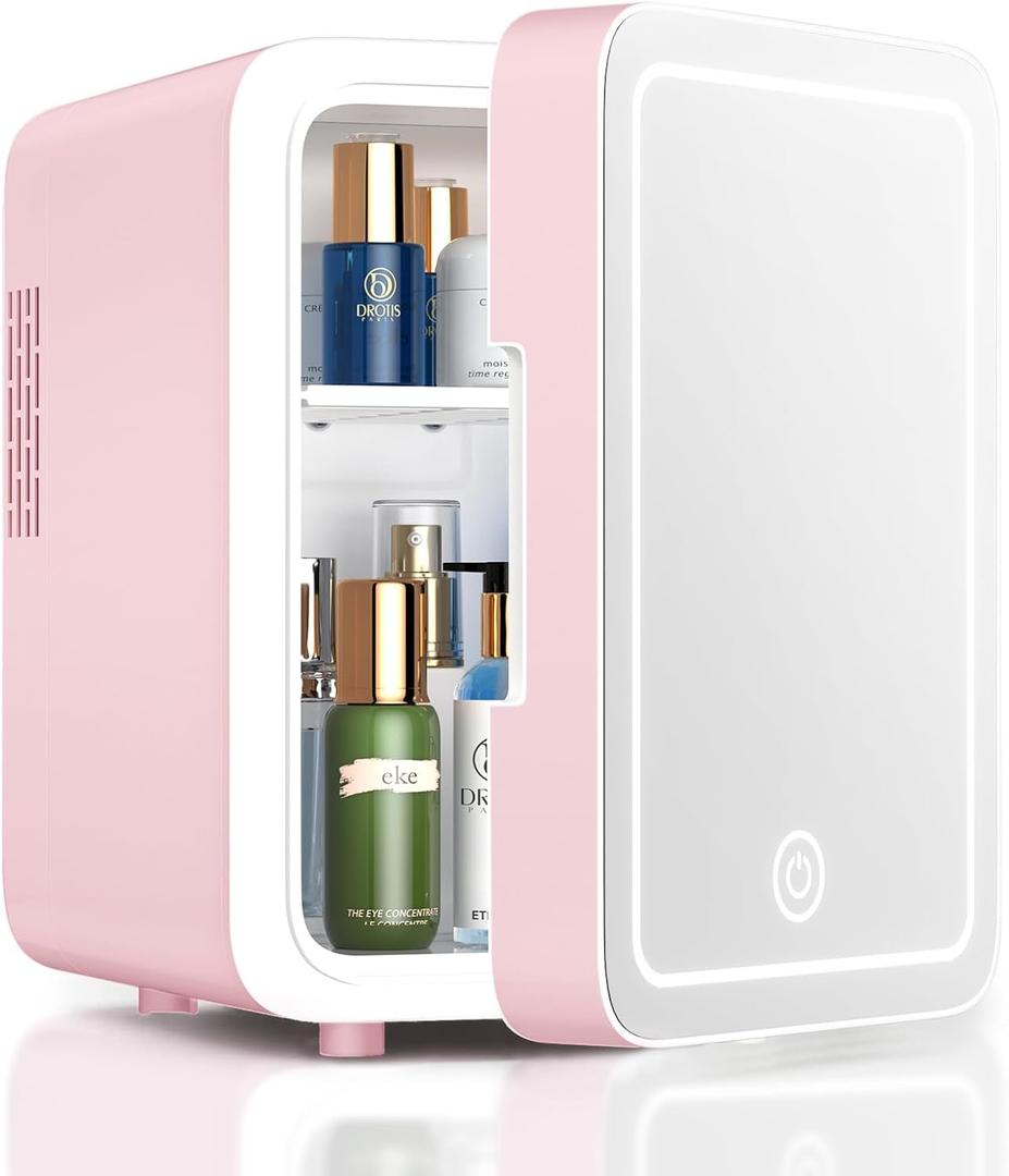 CUTIEWORLD Skincare Fridge with Dimmable LED Light Mirror, 4L Mini Fridge For Desktop, Travel or Cool & Heat, Makeup Fridge for Cosmetics, Skin Care and Food, Pink