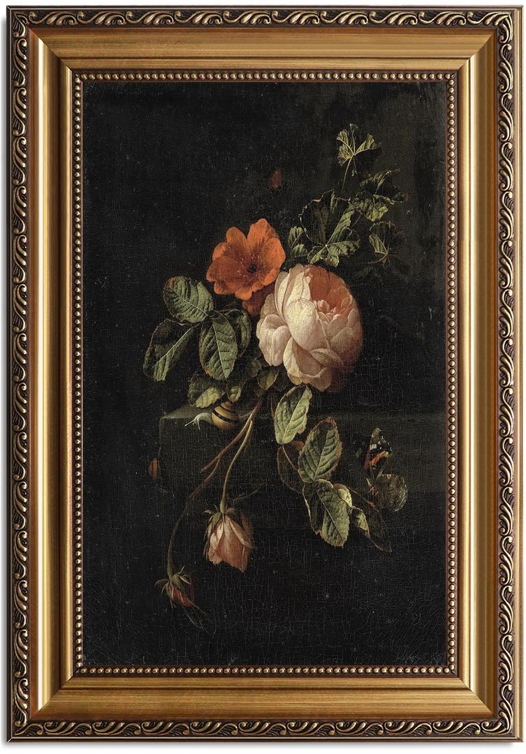 Framed Vintage Floral Wall Art, Moody Flowers Books Art Oil Painting, Vintage Wildflowers Dark Academia Floral Gallery Wall Decor Picture, Rustic Country Canvas Decor for Living Room Office 20''x30''