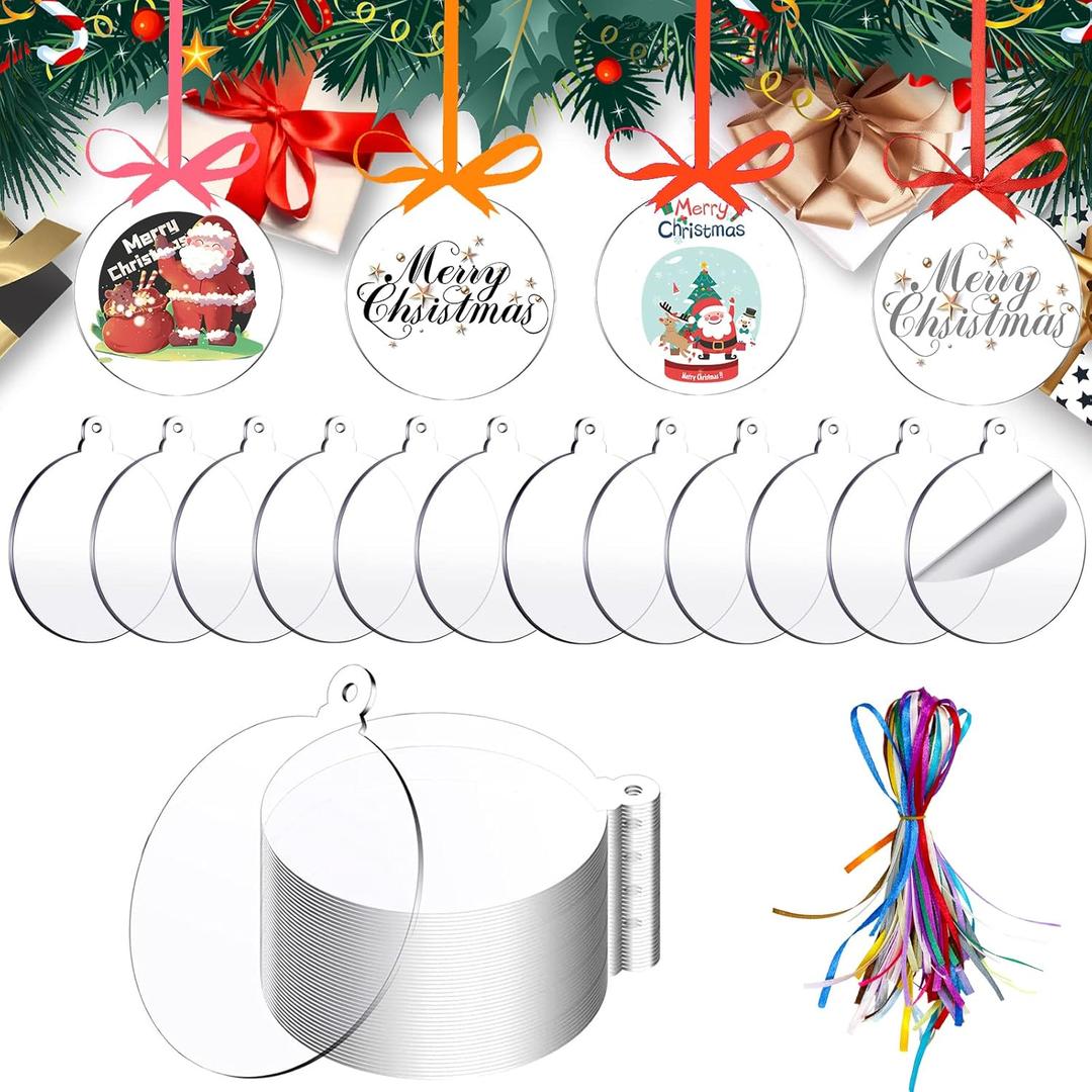 50 Pieces Christmas Hanging Ornaments Set 3''Christmas Ornament Acrylic Blank with 50Pcs 25 Color Ribbons for Christmas Tree DIY Decor