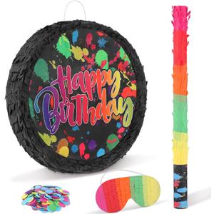 Deekin Small Neon Birthday Piata Glow Happy Birthday Piata with Stick Blindfold and Confetti for Boys Girls Glow in the Dark Party Decorations for Party Favors