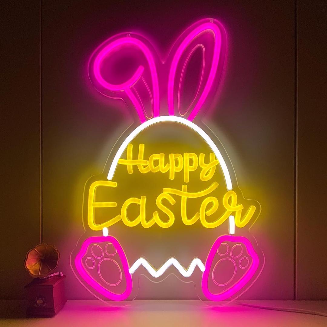 Easter Neon Sign, LED Easter Bunny Neon Light, Dimmable Happy easter Neon Signs, Easter Bunny Egg Neon Signs Decorations, eastre Gifts for Kids Spring Front Yard Sign Bedroom Home Easter Wall Decor