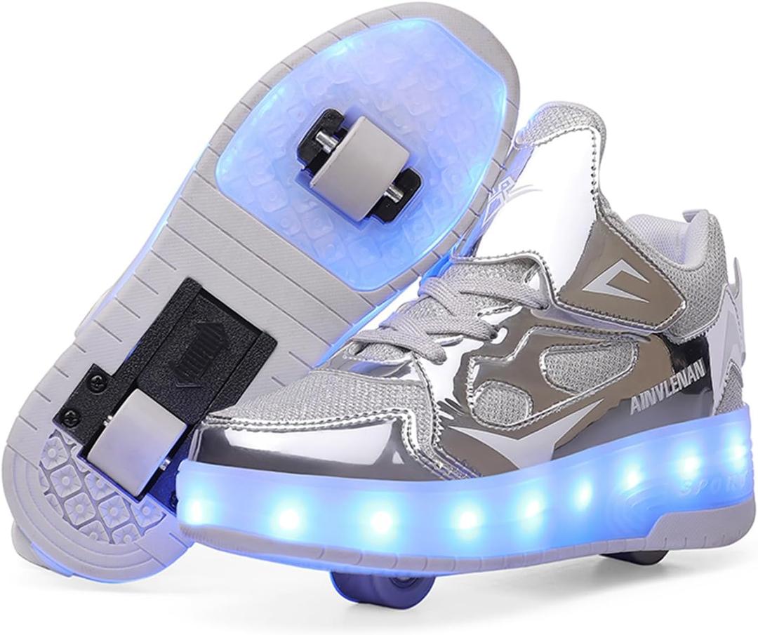 YTFCstep Roller Skate Shoes for Boys and Girls Kids LED Light Up Fashion Sneakers with Rechargeable and Detachable Wheels The Gift for Party Birthday Christmas Day,6.5 Big Kid,Silver, 40