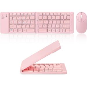 Mini Rechargeable Foldable Bluetooth Keyboard and Mouse Combo, Portable (Sync Up to 3 Devices), Ultra-Slim Travel Folding Keyboard for iPhone iPad Mac Android Windows iOS, Pink