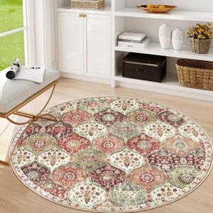 Lahome Moroccan Trellis Washable Round Rugs, Non-Slip Soft Round Rug 4ft Ultra-Thin, Small Vintage Circle Carpet for Entryway Kitchen Bedroom Nursery Bathroom Elise, Orange/Terracotta