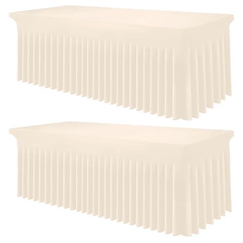 Smiry Spandex Tablecloth 2 Pack, Elastic Fitted Stretch Tablecloth for 8FT Rectangle Tables, Waterproof Washable Table Cover Skirt for Outdoor, Wedding, Banquet & Parties (Beige, 96L x 30W x 30H Inch)