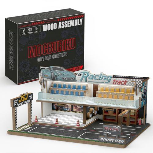 MOCBURIKU 1/64 Scale Diecast Car Diorama, 67pcs Wooden Display Case Garage for Hot Wheels with LED Light, Showcases 5 Model Cars (Racetrack)