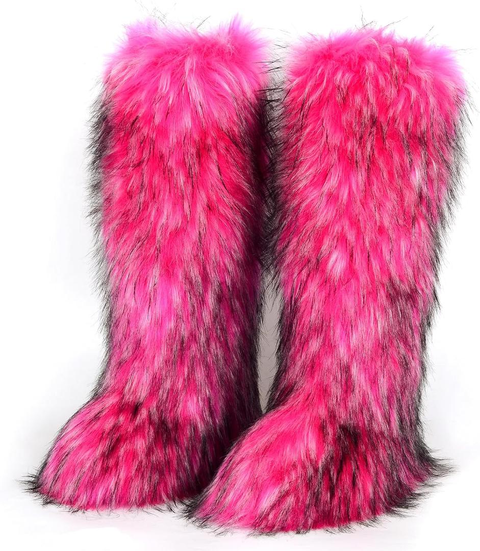WOVOIE Knee High Fur Boots for Women Faux Fur Boots, Fluffy Round Toe, Winter Cosy Plush Warm Outdoor Snow Boots (Rose red, Adult, Women, 9, Numeric, US Footwear Size System, Medium)