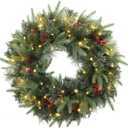24 Inch Artificial Pre-Lit Christmas Wreath, Warm White & Multi-Color Lights with Timer, Battery Operated, Berries, Pinecones, Ball Holiday Decoration for Front Door, Outdoor