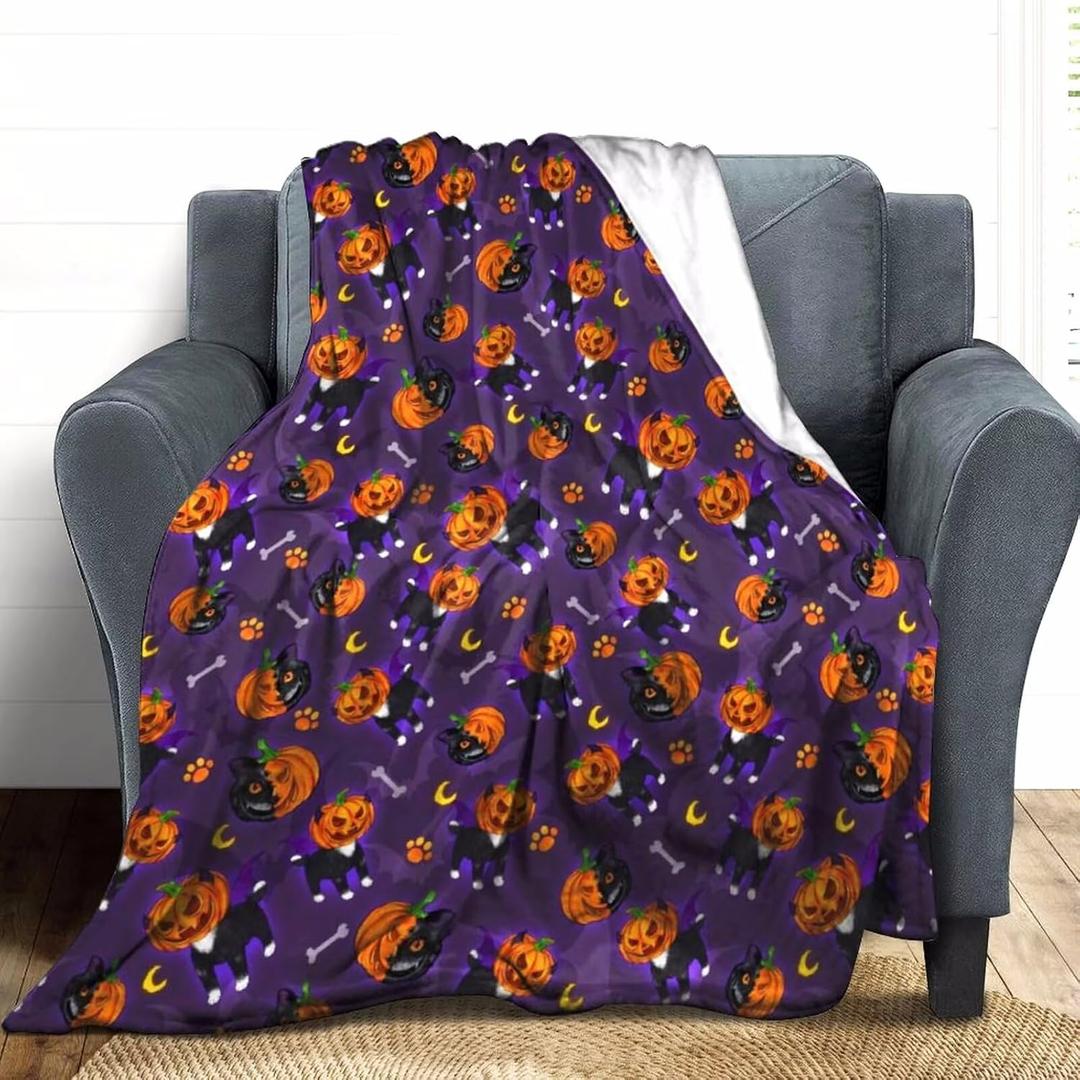Funny Blanket Cat Pumpkin Throws for Kids Adults Pumpkin Cat Home Decor Gifts Flannel Blanket 40"x50" (Purple-hl1)