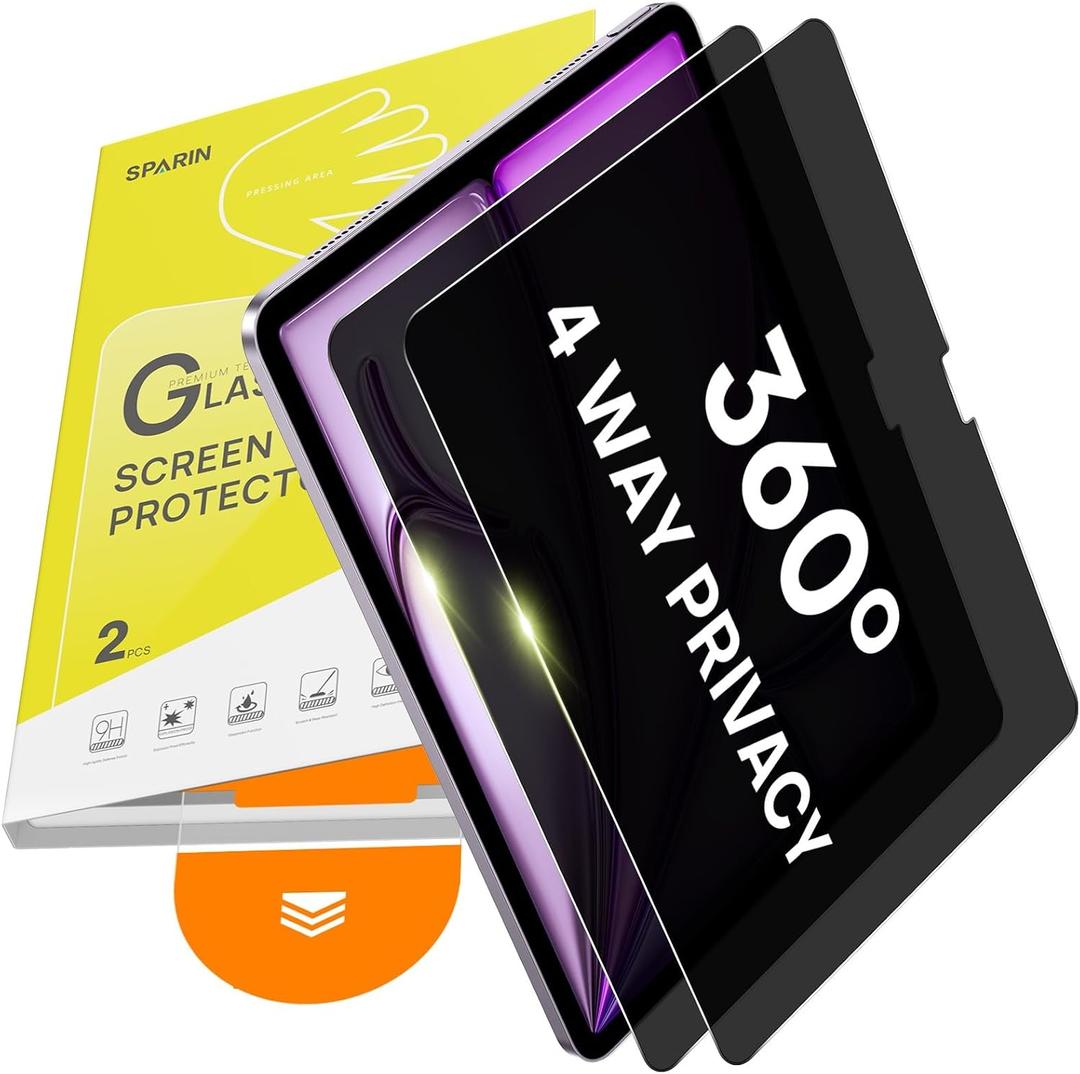 SPARIN 2 Pack 360 Privacy Screen Protector for iPad Air 13 Inch M4/M3/M2 (8th/7th/6th Generation, 2026/2025/2024), Military-Grade 4 Way Anti-Spy Tempered Glass with Auto Application Tray, Shockproof