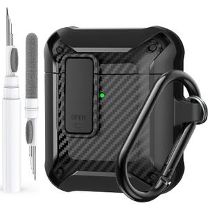 For Airpods 2nd 1st Generation Case Men Lock with Cleaner Kit, Rugged AirPod 2/1 Gen Protective Hard Cover Shockproof Skin Boys Women with Keychain for Apple iPods 2nd/1st Cases, Black
