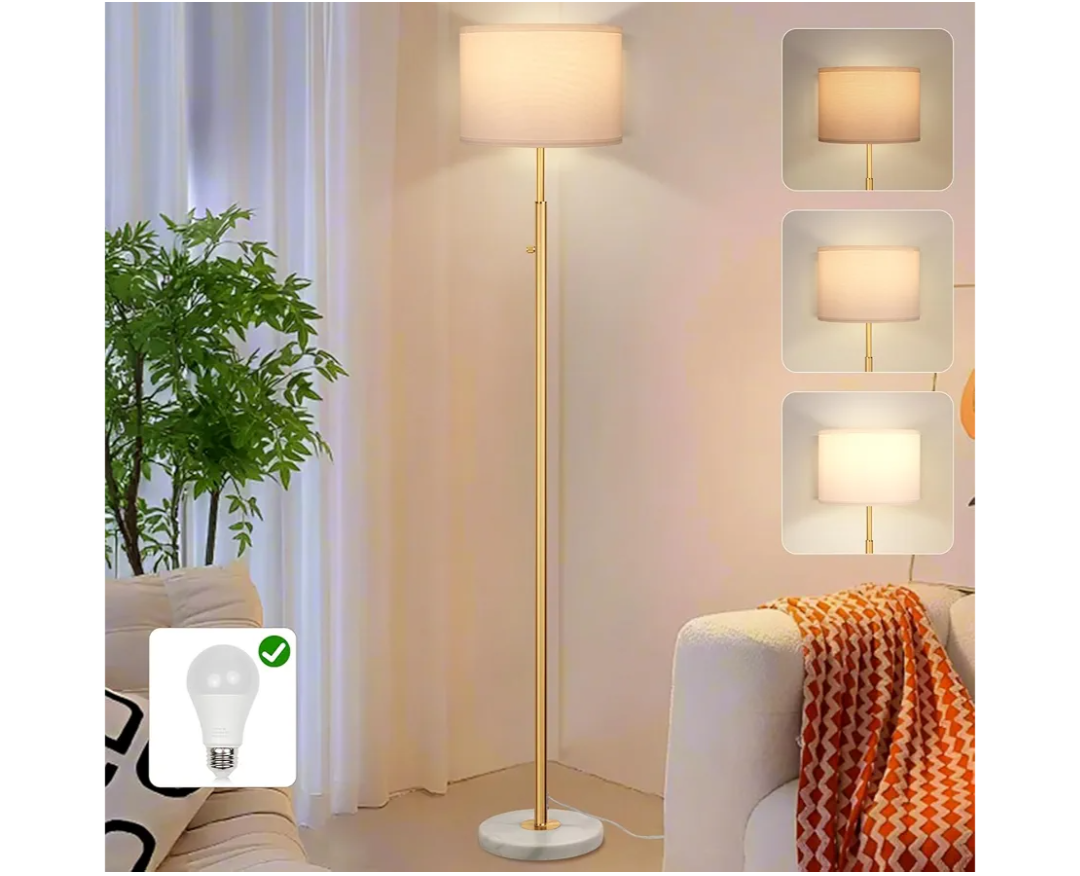 63.7" Modern Floor Lamp with White Marble Base & Linen Shade, Dimmable Tall Standing Lamp for Living Room & Bedroom, Gold Pole Light with 9W LED Bulb for Office Reading