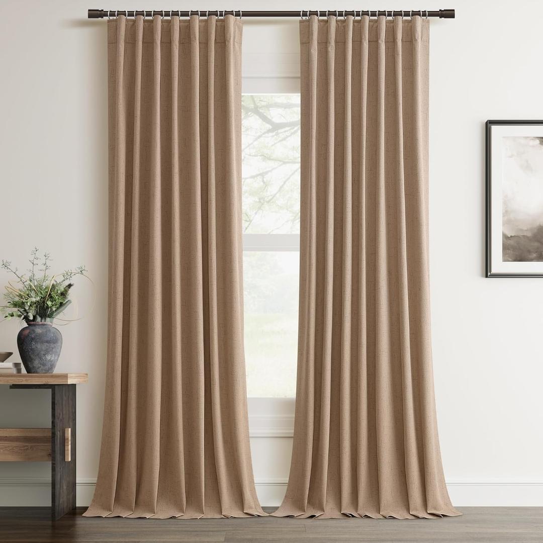 100% Blackout Curtain 96 Inch Length 2 Panel Faux Linen Modern Elegant Boho Farmhouse Living Room Darkening Curtain for Bedroom Window Black Out Drapes for Sliding Glass Door Back Tab 52x96 Tan