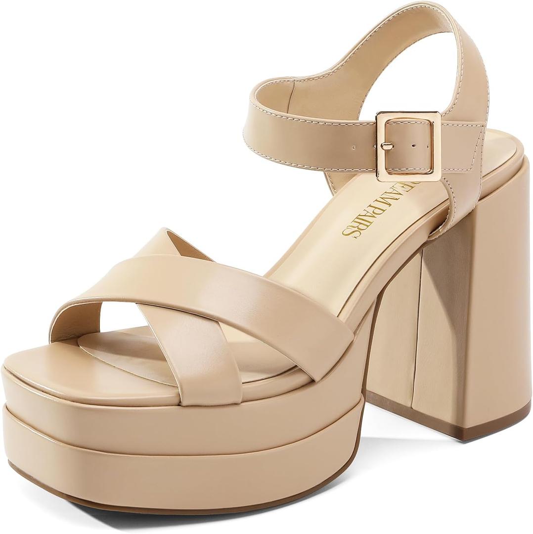 DREAM PAIRS Women's Platform Chunky Heels Square Open Toe Ankle Strap High Heeled Sandals Y2K Shoes for Party Brunch (9.5, Nude)