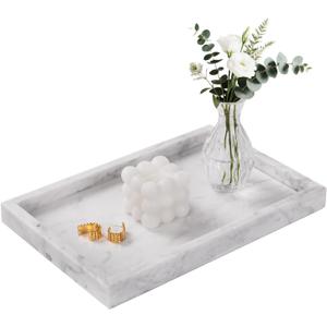 Marble Bathroom Tray for Countertop & Home Decor, Natural Decorative Marble Tray for Jewelry & Perfume Organizer, Luxury Stone Vanity Trays for Dresser, Kitchen Counter, 12" x 8", White