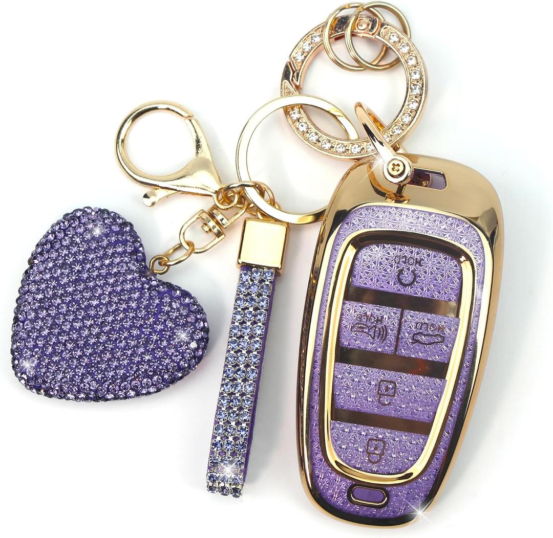 Key Fob Cover with Diamond Keychain Fit for Hyundai Car Key Holder Case Compatible with Hyundai 2023 2022 2021 2020 Sonata Santa Fe Tucson Smart Remote Key Protector, 5 Buttons (Purple-Heart)
