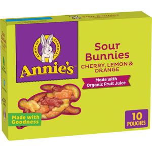 Annie's Sour Bunnies Fruit Snacks, Cherry, Lemon & Orange, 10 ct, 7 oz | Gummy Snack Pouches, Made with Organic Fruit Juice, No Artificial Flavors or Synthetic Colors, No High-Fructose Corn Syrup (EXP 11/24/26)
