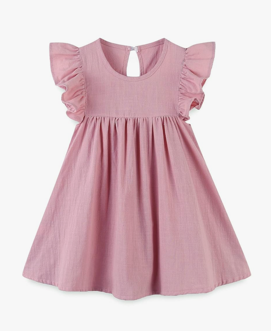 BTGIXSF Baby Girls' Summer Cotton Linen Flutter Sleeve Dress Toddler Beach Sundress 012N Dusty Blue 2T, Button-pink-1