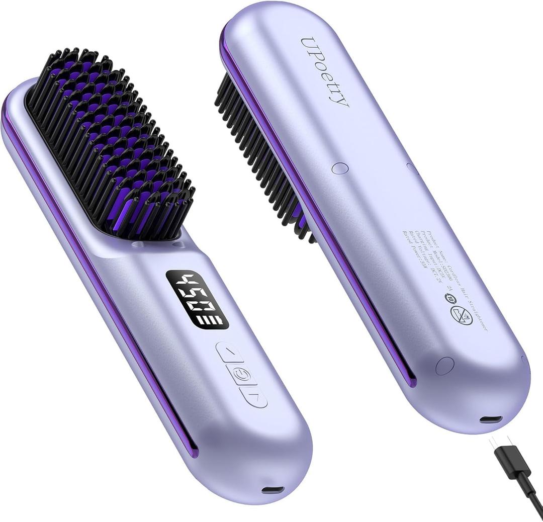 Purple Cordless Hair Straightener Brush, Portable Mini Heated Hair Brush for Women, 9600mAh USB-C Rechargeable, Lightweight Anti-Scald Straightener for Home, Office & Travel