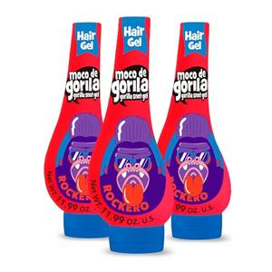Moco de Gorila, Explosive Rocker Hair Styling Gel, Long-Lasting Hold, Reactivatable with water, 3-Pack of 11.92 Oz Each, 3 Squeezable Bottles.