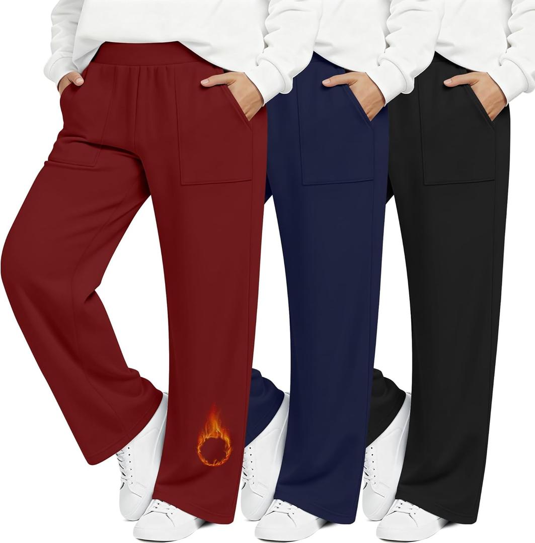 3 Pack Women's Plus Size Fleece Lined Sweatpants, Wide Leg Thermal Winter Pants, Warm Yoga Lounge Joggers (XX-Large, Black, Navy Blue, Wine Red)