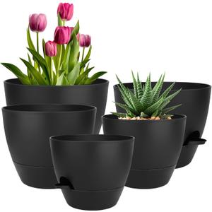 Plant Pots 10/9/8/7.5/7 Inch Self Watering Pots, Set of 5 Plastic Planters with Drainage Holes and Saucers,Plastic Flower Pots,Nursery Planting Pot for Indoor Out Door Plants(All Black)