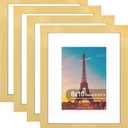 8x10 Picture Frame Set of 4, High Definition Real Glass, Display Pictures 5x7 with Mat or 8x10 Without Mat, Gallery Wall Hanging or Tabletop Photo Frames, Gold