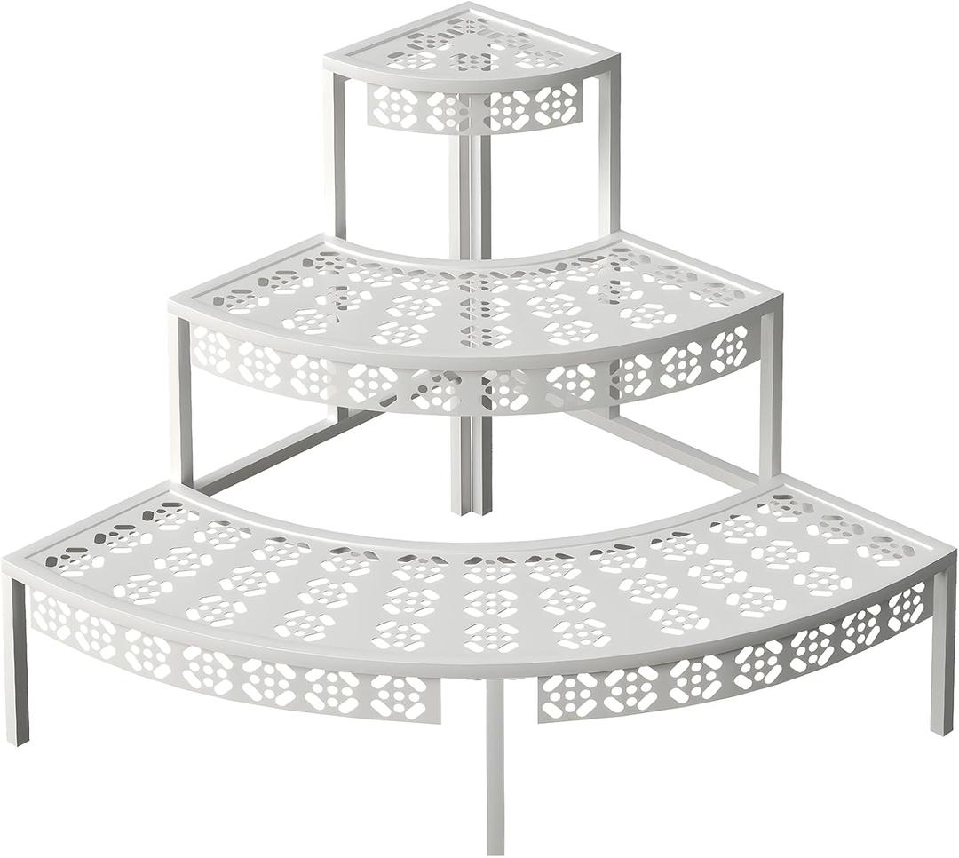 aboxoo 3 Tier Plant Stand Semi-Circular Flower Pot Organizer Rack Quarter Round Plant Display Holder Outdoor Storage Shelves Metal Corner Shelf Planter Shelving Ladder Plant Stand for Indoor (White)
