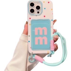 for iPhone 11 Pro Max Case [Cute M Letter Print Card Slot][ Soft Case] [with Anti-Drop Lanyard Strap] Stylish Colorful Dopamine Polka Dots Pattern, Gift for Women and Girls Blue