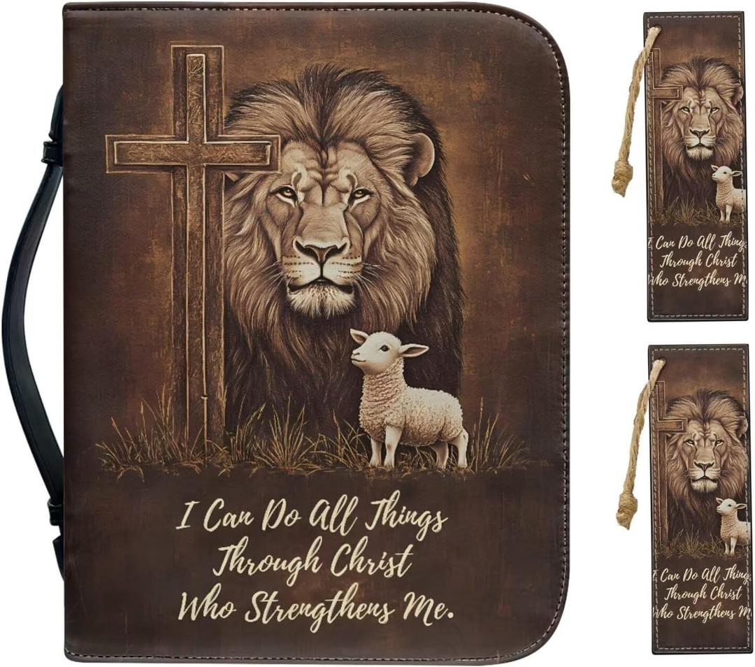 Faux Leather Bible Cover Church Bible Bag with 2 Pcs Bookmarks Brown Cross Lion Lamb Print Book Covers Carrying Bible Case with Zippered Pockets for Prayer, 2XL (XX-Large)