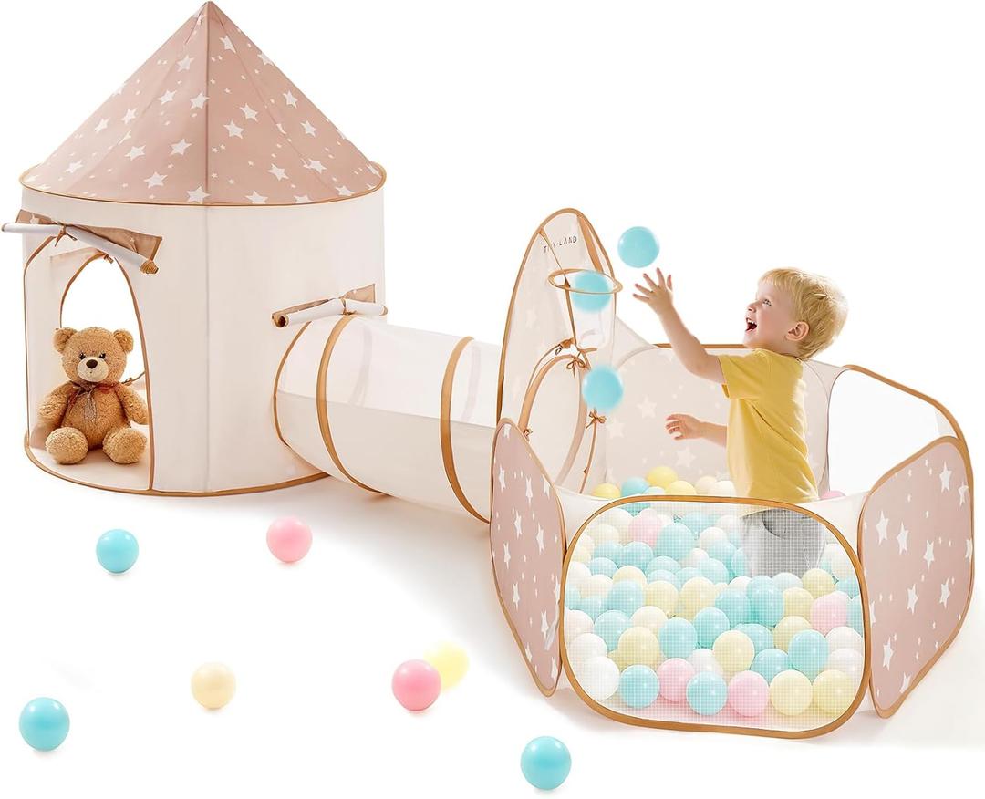 Tiny Land Kids Play Tent with Tunnel, Pop Up Play Tent with Ball Pits for Toddlers, Baby Tent with Carry Bag, Toddler Tents Indoor (Khaki)