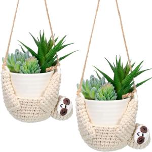 2 Pieces Crochet Sloth Hanging Planter Handmade Sloth Plants Holder Plant Hanger for Indoor Outdoor Hanging Planter Supplies, Flower Pot and Plant Not Included