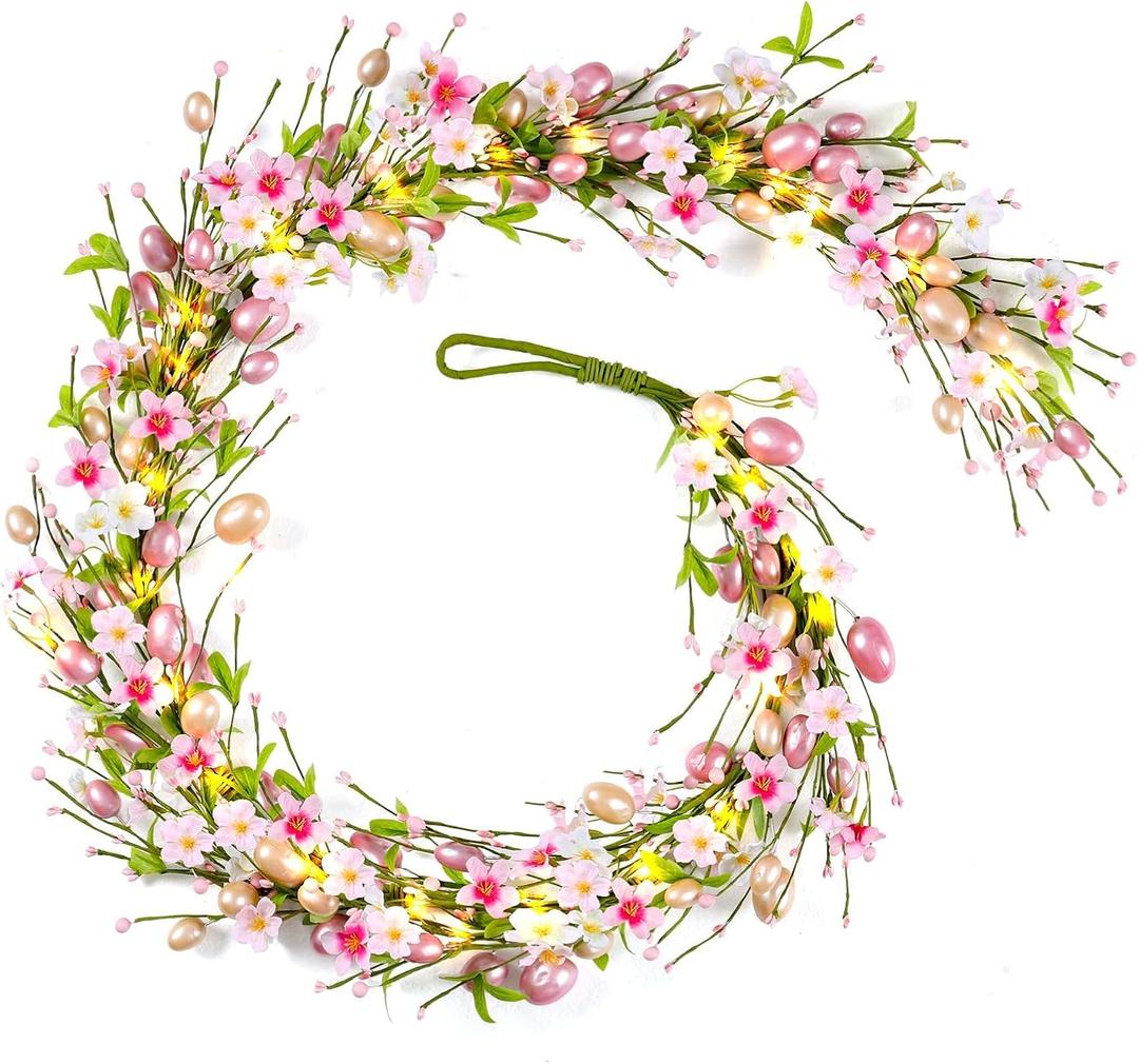 6 Ft Artificial Easter Garland Easter Pink Egg Flower Berry Garland Decorations Spring Flower Garlands with Pastel Eggs and Mixed Twigs for Fireplace Mantel Indoor Outdoor Home Party Door Wall Decor