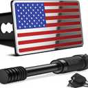 OGYE 2 Inch Trailer Hitch Cover with American Flag, Heavy Metal Trailer Hitch Cover Fit for 2 Inch Hitch Receivers (with 5/8" Pin Dia Anti-Theft Trailer Hitch Lock),3 * 5" Blue/Red/Chrome