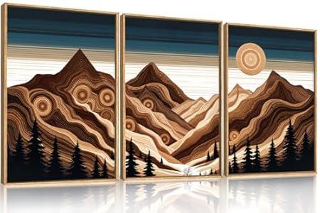 BICERE Large Abstract Mountain Woodcut Framed Canvas Wall Art, Modern Tree Ring Wall Decor, Sunrise Ridge Scenery Painting, Retro Desert Artwork for Living Room, Bedroom, Dining Room, Office -24"x36"x3