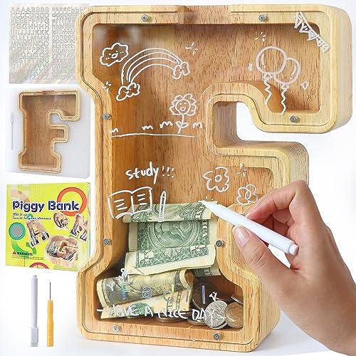 weallbuy Large Letter Piggy Bank for Kids Boys Girls Wooden Personalized Piggy Banks A-Z with Target Area Clear Alphabet Banknote Coin Banks for Gift Decoration Baptism (F)