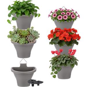 MADHOLLY 6Pcs Vertical Hanging Planters for Outdoor Plants - Wall Plant Holder for Indoor Decorations Garden Fence, Plastic Flower Pots with Drainage Grid and Hooks (Gray)