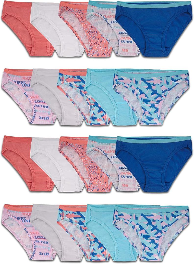 Fruit of the Loom Girls' Cotton Bikini Underwear Multipacks (4, 20 Pack - Fashion Assorted)