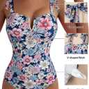 Aleumdr Women's One Piece Swimsuits Tummy Control Bathing Suits V Neck Boho Tie Shoulder Ruched Full Coverage Swimwear (Blue, M)