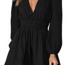 FAIABLE Mini Deep V Sexy Long Sleeve Dress for Women A-line High Waisted Casual Flowy Dress for Cocktail Wedding Guest (Black, XL)