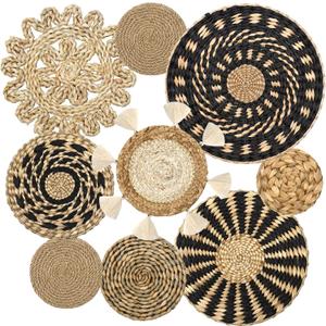 LOMOHOO Set of 9 Boho Wall Basket Decor Wicker Woven Wall Basket Decorations Bohemian Handcrafted Round Basket Hanging decor Bulrush Wall Art Decors for Living Room Rustic Home (Modern)